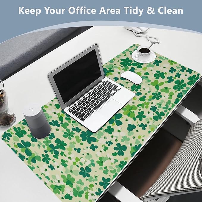 Mouse Pad Desk Mat Leather Desk Pad Large Gaming Desk Cover Protector Mat for Keyboard Computer Laptop Office Waterproof 35.4 x 16.5 Inch Saint Patricks Green Clovers