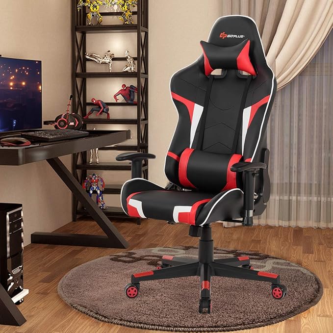 Goplus Gaming Massage Office Chair High Back PU Leather Adjustable Arms Headrest Ergonomic Reclining Racing Chair Rolling Swivel Executive Computer Chair