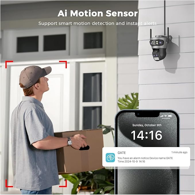 16MP WiFi Camera IP PTZ Three Screen 180° Wide Angle Auto Tracking 10X Digital Zoom 20MP Security Protection(U/K16MP with 128G Card)