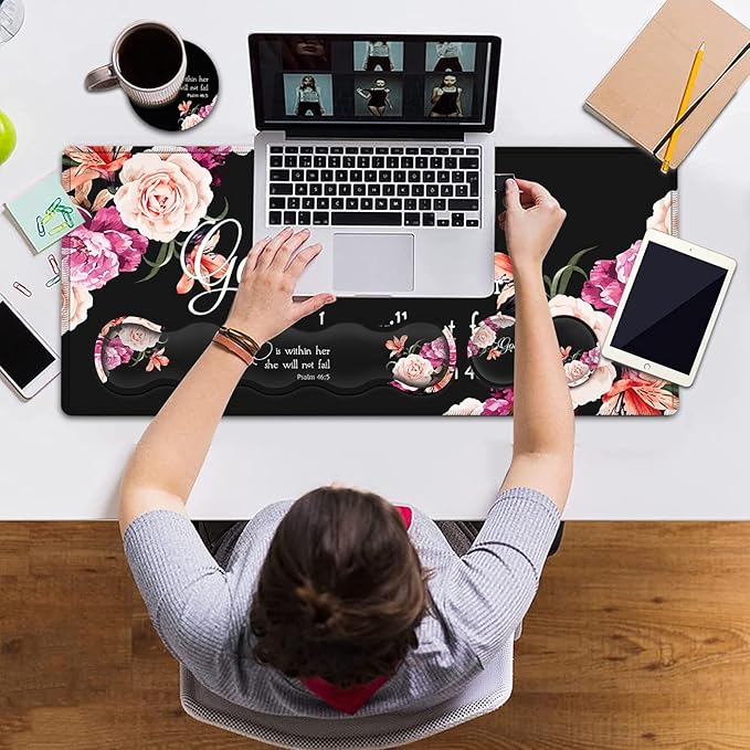 Keyboard Mouse Pad Wrist Rest Support Set Extended Gaming Mouse Pad Large XXL Mousepad + Ergonomic Memory Foam Wrist RestOffice Desk Mat Waterproof Writing Pad Peony Flower Psalm 46:5 Black