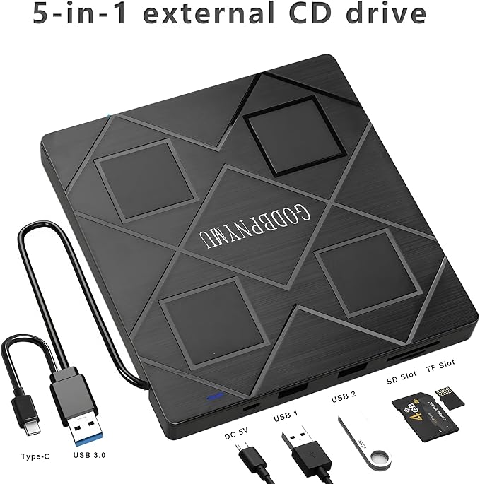 5-in-1 Extemal CD/DVD Drive for LaptopUSB 3.0 &amp Type-C Portable CD/DvD Rw Burner with SD/TF Card Reader &ampDVD-ROM Rewritable PlayerCompatible with Laptop Pc Desktop Windows11/10/8/7 Linux Ma