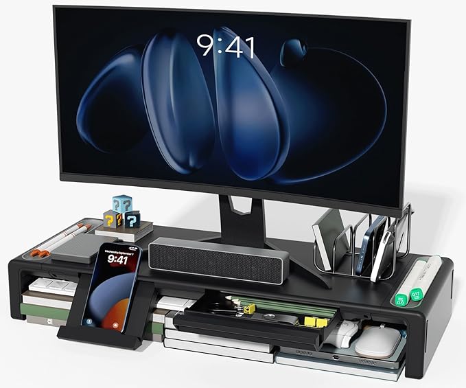 OImaster Monitor Stand Riser Foldable Computer Monitor Riser Adjustable Length Computer Stand and Storage Drawer &amp Pen Slot Phone Stand Compatible Computer Desktop Laptop Save Space (Black)