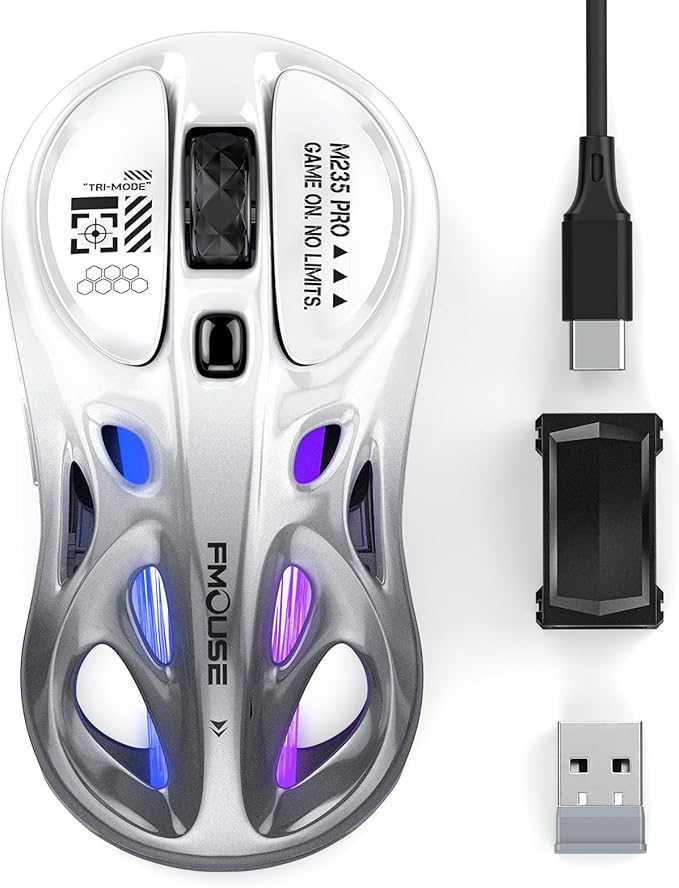 Wireless Gaming Mouse Tri-Mode 2.4G/USB-C/Bluetooth Mouse 800-4800 DPI Ergonomic Optical Mouse Gamer RGB &amp 6 Programmable Buttons 65g Rechargeable for PC/Mac/Laptop