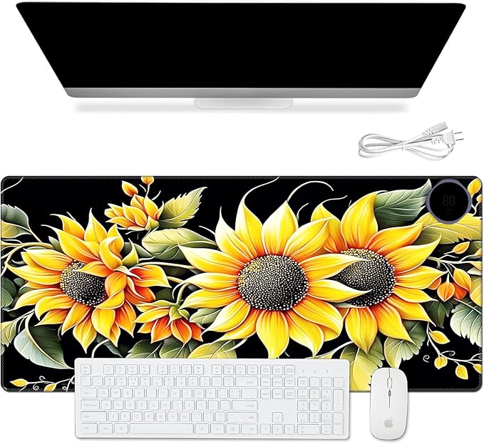 Warm Desk Pad Warm Mouse Pad Gaming Office Desk Matwith 3 Levels Heated &amp 3 Hours Auto Shut - 31.5 x 13 inch PU Leather Laptop Keyboard Mat for Home Office Hand WarmerBeautiful Sunflower -91