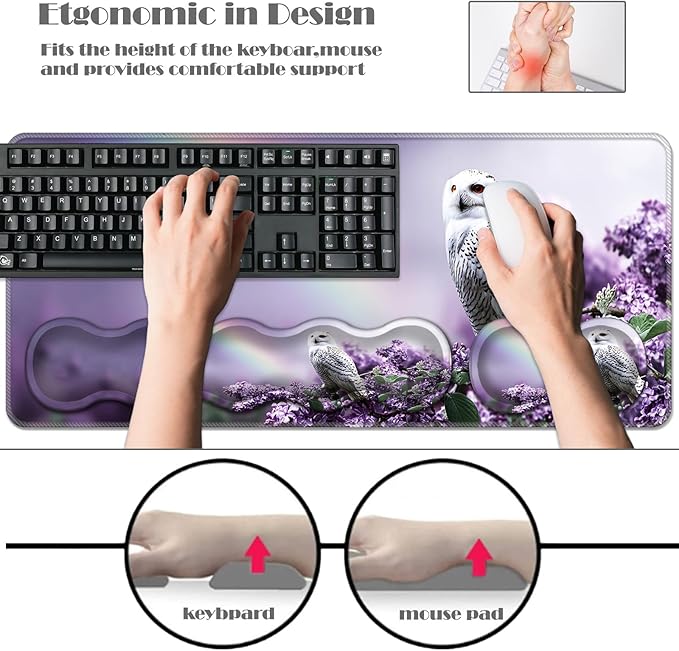 Ergonomic Keyboard Wrist Rest &amp Mouse Pad Wrist Rest SetXL Gaming Desk Mat 31.5x 11.8Non-Slip BaseMemory FoamEasy Typing Pain Relief for Office &amp HomeRainbow Floral Owl