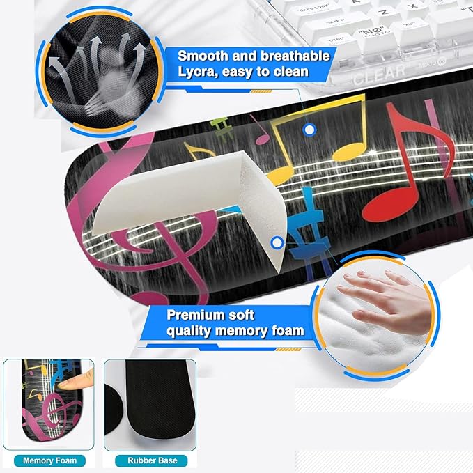 Ergonomic Gel Mouse Pad Wrist Support + Memory Foam Keyboard Wrist Rest for Home Office Gaming Desk Pad Easy Typing Pain Relief Hand Rest Pad Cute Round Desk Mat Music Note Pattern Black Mousepads