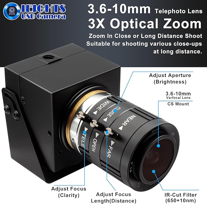 12mp USB Camera Variable Focus Webcam for Computer 1080P 120fps Manual Zoom Lightburn Camera High Speed 3.6-10mm 3X Zoom USB2.0 PC Cam Varifocal USB Security Webcamera for Video Conference