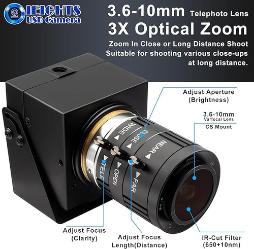 12mp USB Camera Variable Focus Webcam for Computer 1080P 120fps Manual Zoom Lightburn Camera High Speed 3.6-10mm 3X Zoom USB2.0 PC Cam Varifocal USB Security Webcamera for Video Conference