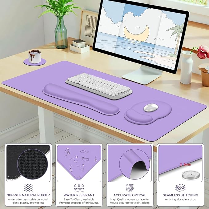 Mouse Pad Desk Pad Protector Keyboard Wrist Rest + Mouse Pad Wrist Rest +Coaster Large Gaming Mouse Pad for Deskpc Computer Keyboard Laptop XXL Desk Mat Writing Pad for Office and Home Purple