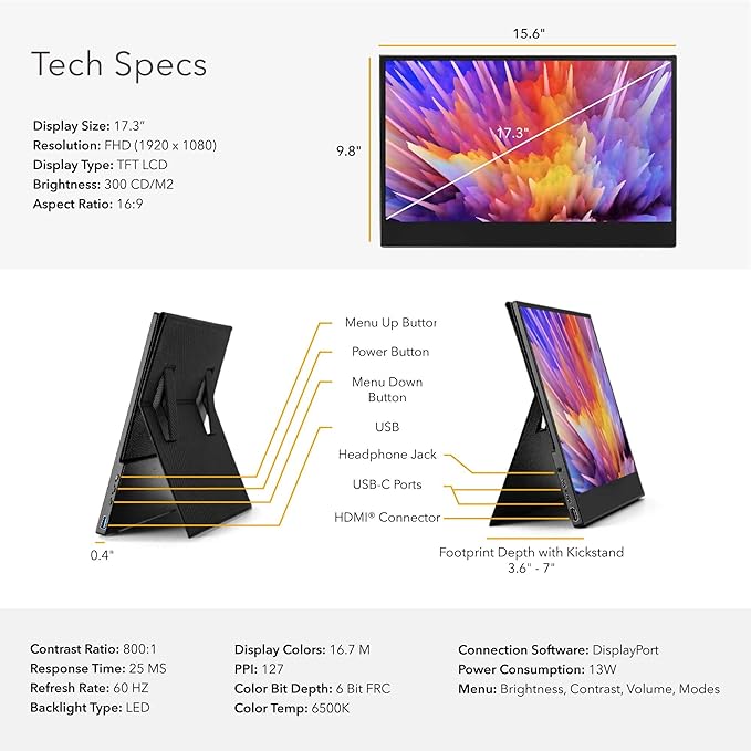 SideTrak Solo 17.3” Touchscreen Portable Full HD LED Monitor Laptop Dual Screen Computer Extender with Large Display Cover for PC Gaming &amp Chrome HDR Enabled Powered by USB-C® or HDMI