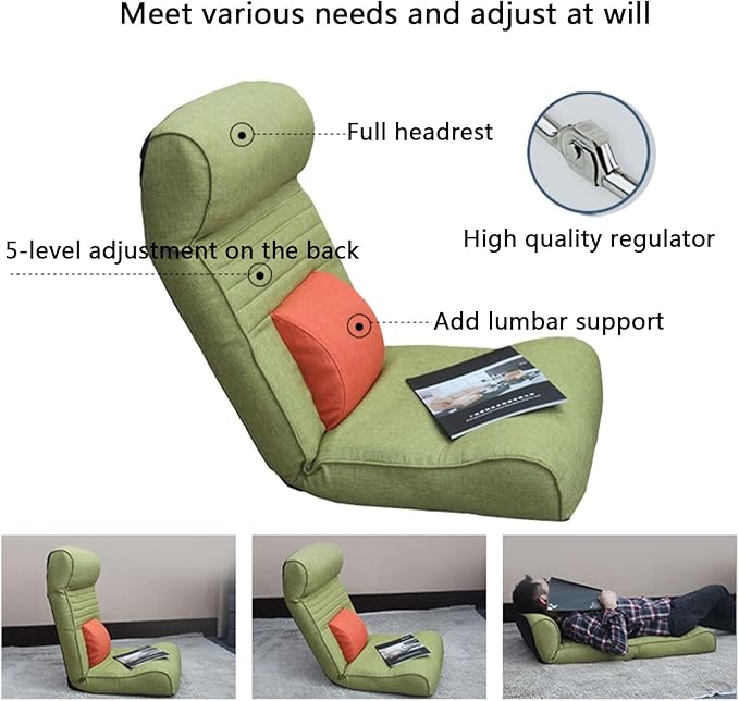 Floor Chair Folding Gaming Chair Lazy Sofa with Backrest Seat Cushion Reclining Function Headrest and Backrest 14 Gear Can Be Adjusted Green