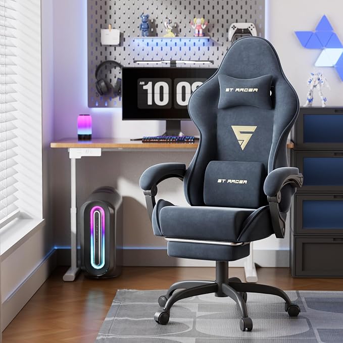 Ferghana Velvet Fabric Ergonomic Gaming Chair with Footrest and Massage Reclining Computer Gamer Chair for Adult and Teens Racing Style PC Home Office Video Game Chair (Grey)