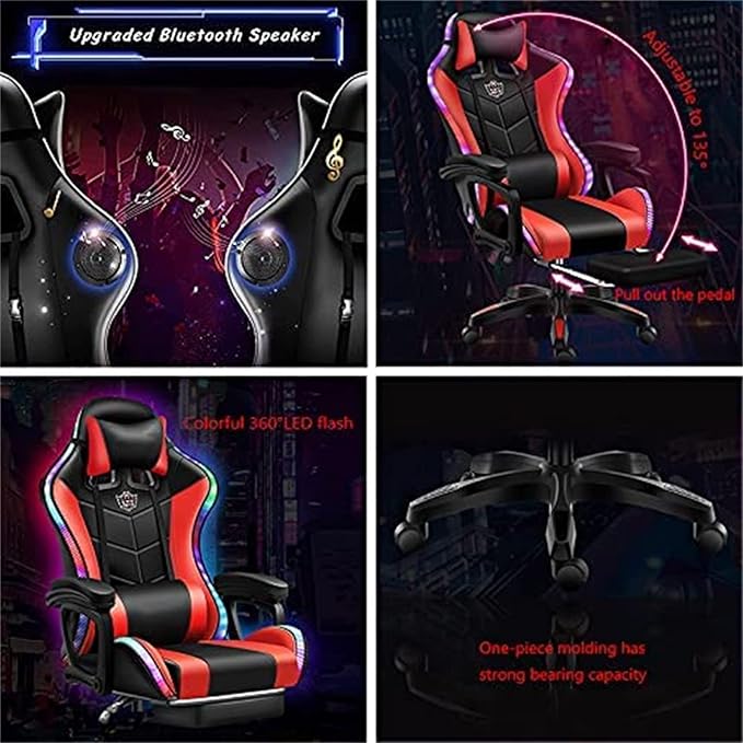 Video Gaming Chairs with LED Light Ergonomic Gaming Chair with Massage Lumbar Support and Bluetooth Speakers Computer Chair with Retractible Footrest and Backrest AdjustablePink