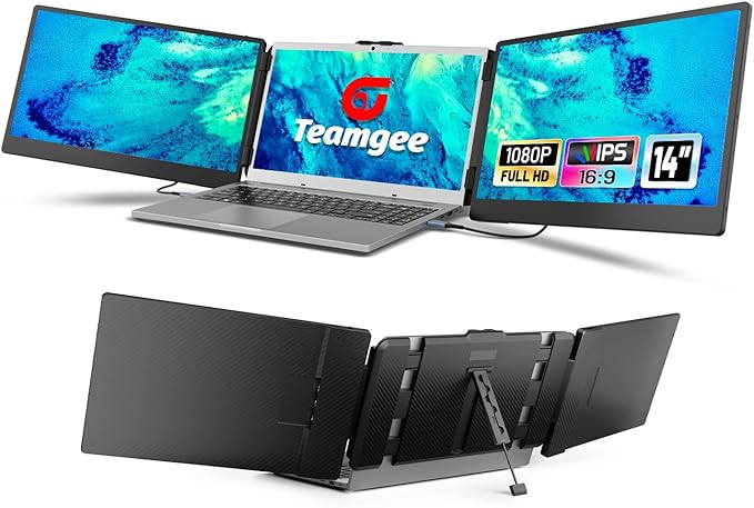 Teamgee 14 Laptop Screen Extender FHD 1080P IPS Triple Portable Monitor for 13''-17 (Diagonal) Laptop HDMI/USB-A/Type-C Plug &amp Play Built-in Speakers &amp Adjustable Stand for Mac/Wins/Andr