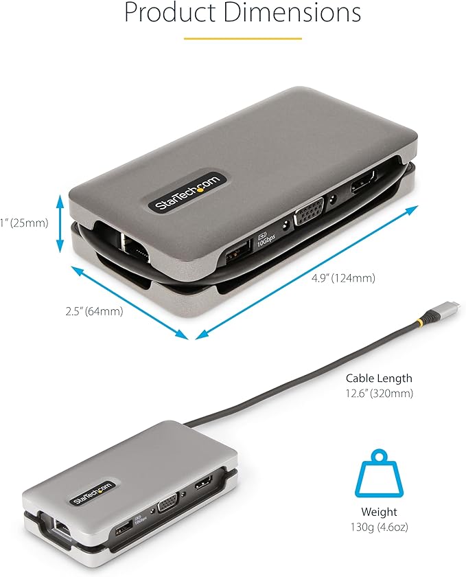 StarTech.com USB-C Docking Station for MacBook Pro M1 M2 M3 M4 and Windows 4K 60Hz HDMI or 1080p VGA Video USB 10Gbps Hub 100W Laptop Charging GbE 1ft/30cm Cable
