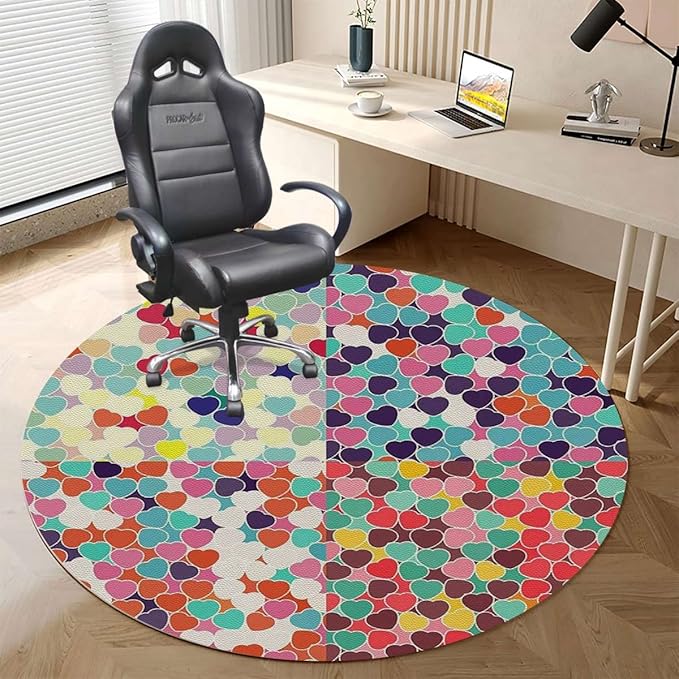 Multicolor PU Leather Chair Mat for Hardwood Floor &amp Tile Floor Modern Circular Shaped Buttons Anti-Slip Low Pile Under Desk Rug Large Floor Protector Abstract Diameter 59 in
