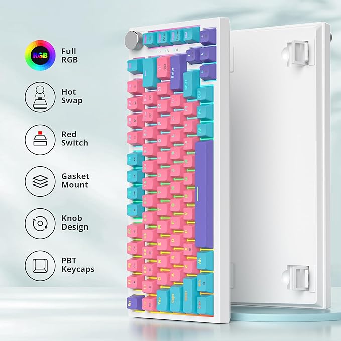 75 Percent Pink Keyboard Gasket-Mounted with Sound Absorbing Pads and Pbt Keycaps 82-Key Compact Wired RGB Mechanical Gaming Keyboard Hot-Swap Socket for Win Miami Theme Pink