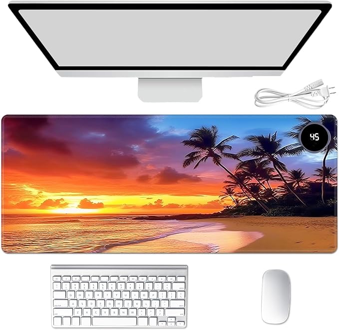 Heated Mouse Pad Hand Warmer Warm Desk Pad Mousepad Desk Mat with 3 Levels Heating and Auto Shut Down 31.5 x 13 inch PU Leather Warmer Keyboard Mat for Gaming Laptop Office Home Sunset Beach