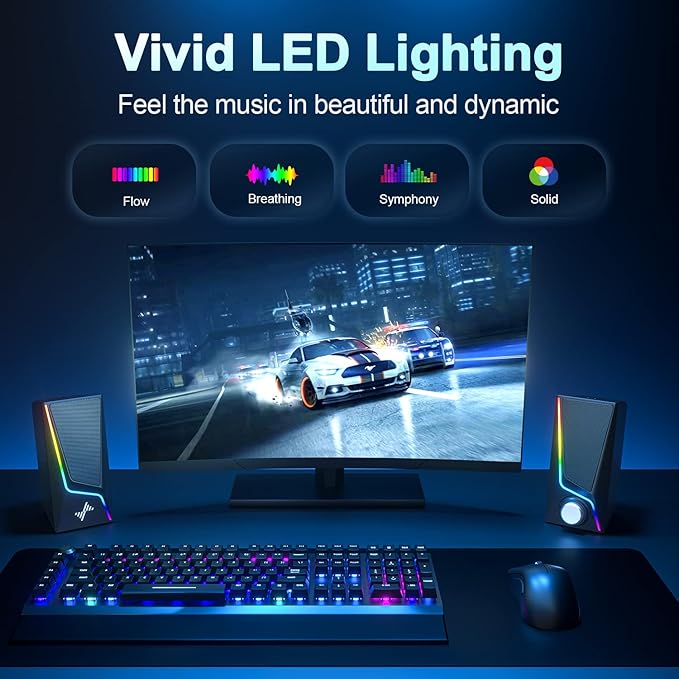 Nylavee Computer Speakers PC Speakers with 6 Lighting Modes USB Powered Computer Speakers for Desktop PC with 2 Bass-Boost Ports 2 Speaker Units and 3.5mm Aux-in for PC Laptop Monitor Gaming