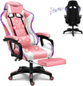 Computer Gaming Chair with LED Lights and Speakers PU Leather Office Chair with Lumbar Pillow Support and Footrest Massage Gamer Chair High Back Video Game Chair for Adult TeensPink