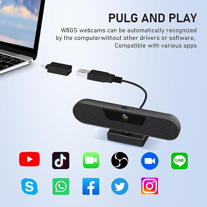 saylas 4K Webcam with 4 Noise Cancellation Microphone W8GS Web Cam Privacy Cover 85° FOV Plug &amp Play Web Streaming Camera for Computer USB Webcam for Pc Laptop Desktop Mac