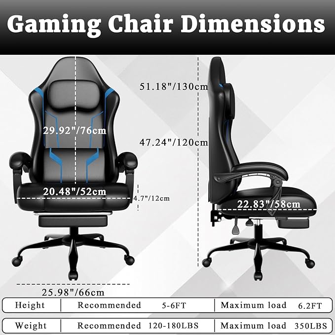 Gaming Chair with Pocket Spring Cushion &amp Footrest - Ergonomic Computer Chair with Adjustable Height Headrest &amp Swivel SeatFaux Leather Blue