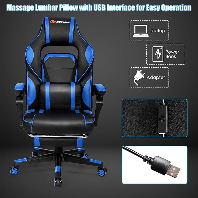 POWERSTONE Gaming Chair Adjustable High Back PU Computer Chair with Footrest Massage Lumbar Support Headrest Thick Armrest Rolling Swivel Desk Chair Navy Blue