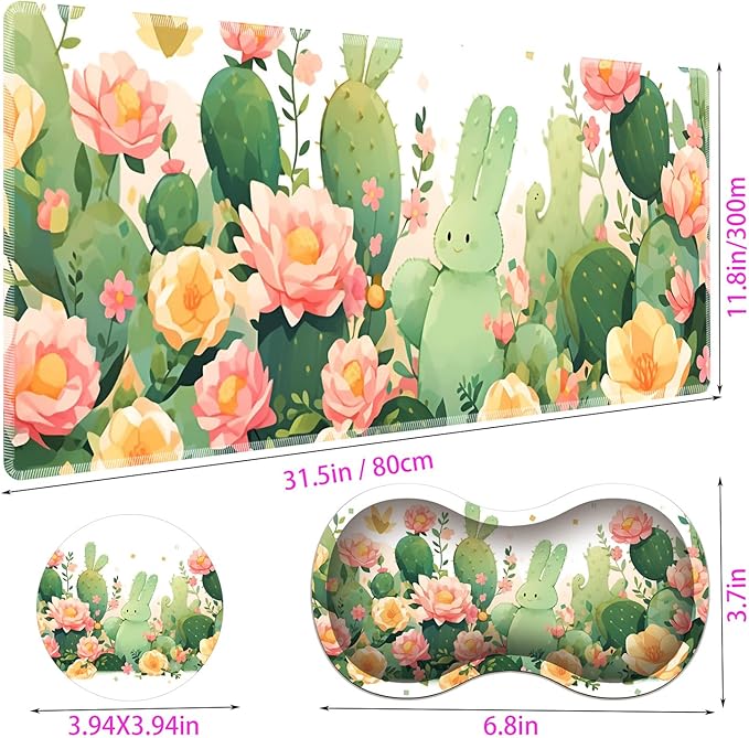Large Gaming Mouse Pad + Mouse Wrist Rest Pad + Coaster Combination 31.5 x 11.8 Durable Non-Slip Extension Table Mat Suitable for Office and Home Cactus