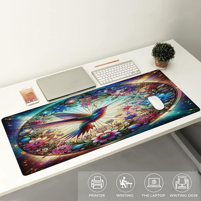 Color Glass Flower Bird Large Mouse Pad Gaming Mousepad Desk Mat for Desktop Computer Keyboard Waterproof Mouse Mat Desk Pad with Non-Slip Base for Game School Office Home 35.4 x 15.7