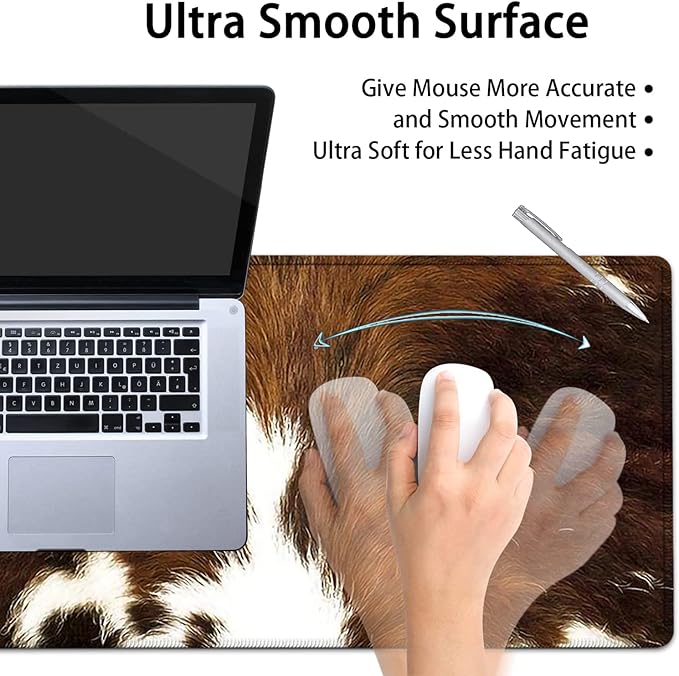 Large Mouse Pad Extended Office Desk Pad 31.5x11.8in Ergonomic Memory Foam Mouse Wrist Rest Support for Home Office Computer Writing Pad Cute Faux Brown Cowhide Fur Pattern XXL Gaming Mouse Mat