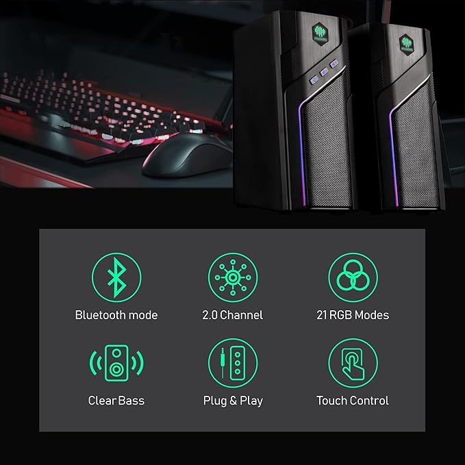 W-206RE RGB Desktop Speakers for Gaming PC Bluetooth &amp USB Computer Speakers for Monitor and Laptop Touch Control Stereo Speakers with 21 LED Light Modes
