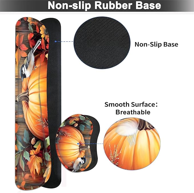 Large Mouse pad and Keyboard Support Set Ergonomic Memory Foam Keyboard Wrist Rest Extended Gaming Mouse Pad with Stitched Edges Fall Pumpkins and Bird XXL Desk Mat (31.5 X 11.8 in)
