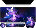Large Mouse Pad with Wrist Support 4in1 Set XXL Game Mousepad + Keyboard Wrist Rest+Mouse Wrist Rest+Coaster with Ergonomic Design Gaming Mat for Home Office Table Computer I Purple Butterfly