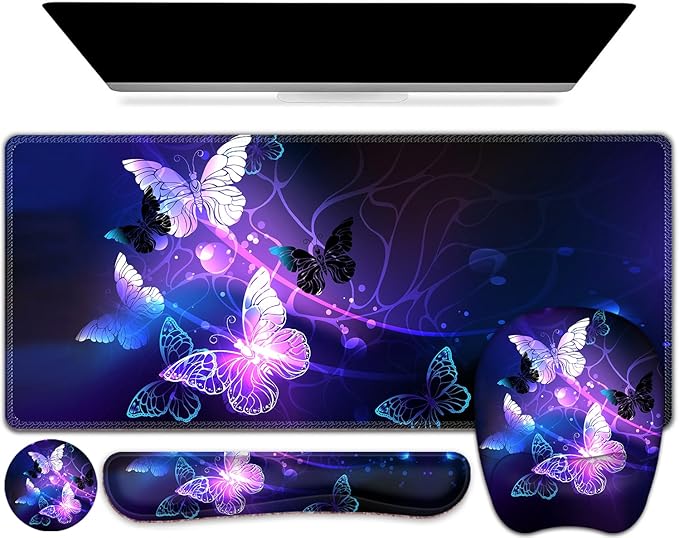 Large Mouse Pad with Wrist Support 4in1 Set XXL Game Mousepad + Keyboard Wrist Rest+Mouse Wrist Rest+Coaster with Ergonomic Design Gaming Mat for Home Office Table Computer I Purple Butterfly