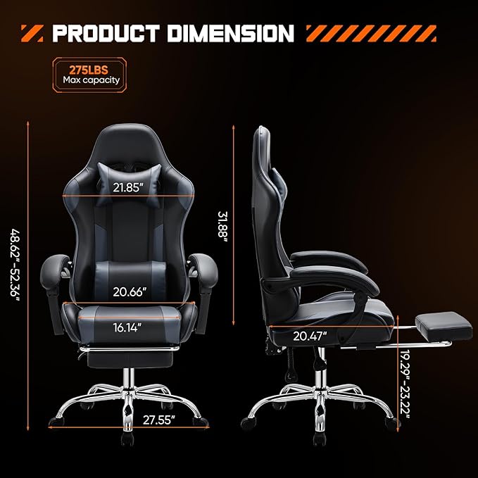 Video Game Desk Chair Ergonomic Computer with Footrest and Comfy Lumbar Support PU Leather Recliner with Headrest Fixed Up Armrest Height Adjustable with 360° Swivel for Adults Gray