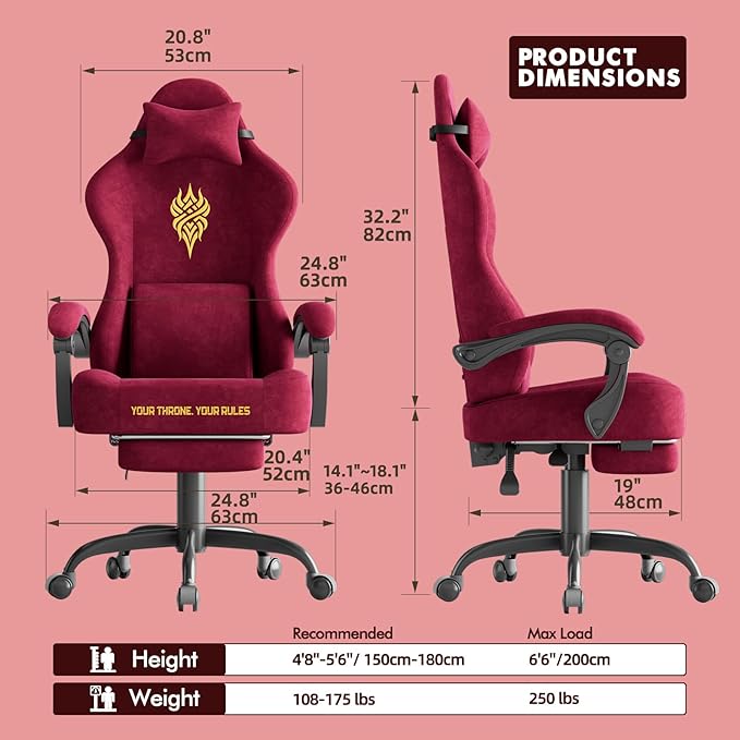 Soontrans Red Velvet Fabric Gaming Chairs with Footrest Ergonomic Comfortable Video Gamer Chair Reclining Office Computer Desk Game Chairs with Massage Lumbar CushionHeadrest for Adult