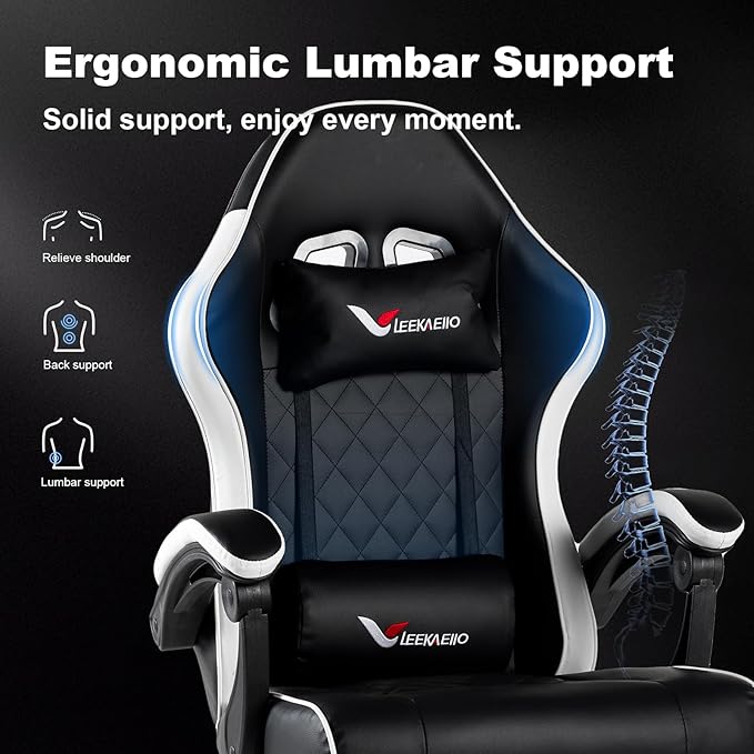 Gaming Chair for Adults with Footrest Lumbar &amp Headrest High Back Recliner Gamer Chair with Metal Legs 360° Swivel Height-Adjustable Leather Office Computer Chair (White)