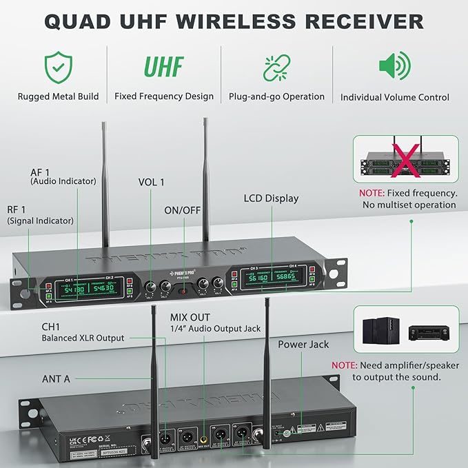 Phenyx Pro Wireless Microphone System 4-Channel UHF Wireless Mic Fixed Frequency Metal Cordless Mic with 4 Handheld Dynamic Microphones 260ft Range Mics for Singing Church(PTU-5000-4H)