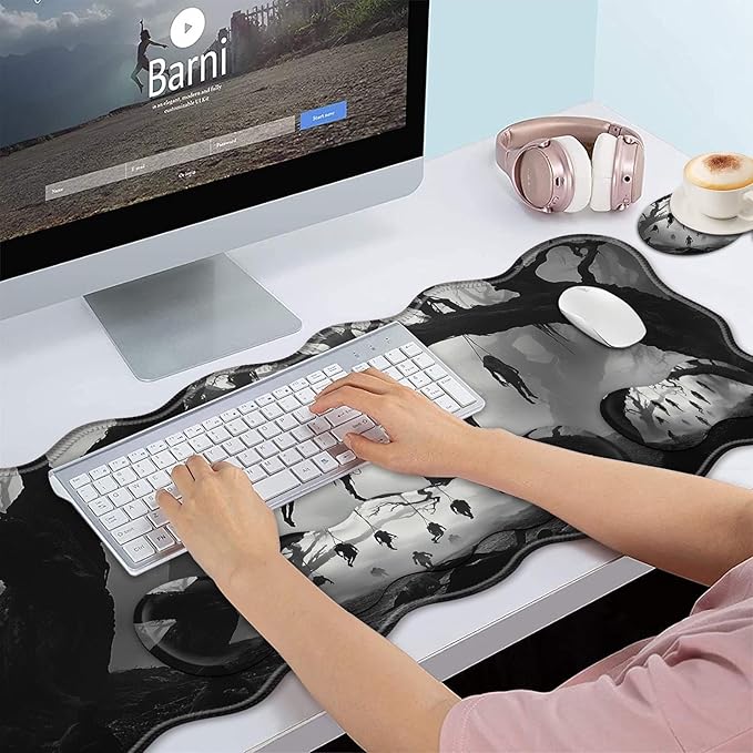 Bxgolkgd Desk Mat SetMouse Pad with Keyboard Wrist Rest &amp Mouse Wrist RestWave-Shaped DesignNon-Slip Rubber BaseErgonomic Desk Mat for HomeOfficeGamingSkeleton Tree