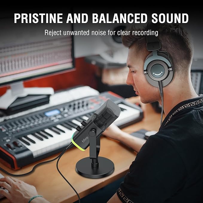 FIFINE XLR/USB Microphone and Studio Monitor Headphones Set Computer Recording Mic with Mute Button RGB Over Ear Wired Headset Pack for YouTube Podcasting Streaming Gaming (AM8+H8)