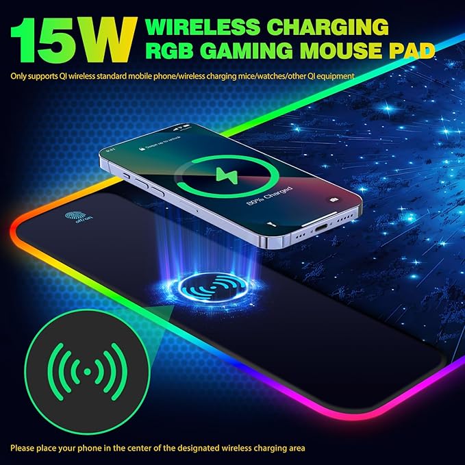 AIMSA RGB Gaming Mouse Pad with Wireless Charging Large Keyboard Mouse Pad with 14 LED Light Modes Non-Slip Rubber Base Waterproof Desk Pad for Home Office Decor Blue Meteor Starry Sky