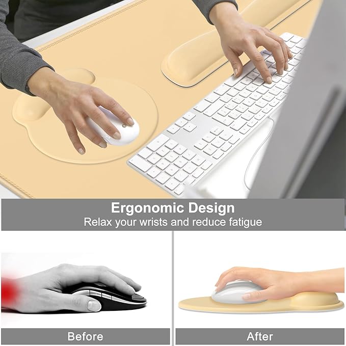 Dapesuom Large Gaming Mouse Pad Mouse Pads with Wrist Rest Wrist Support 4in1 XXL Desk Mat Desk Pad + Ergonomic MousePad + Memory Foam Keyboard Mat Wrist Rest + Coaster Set for ComputerNavajo White