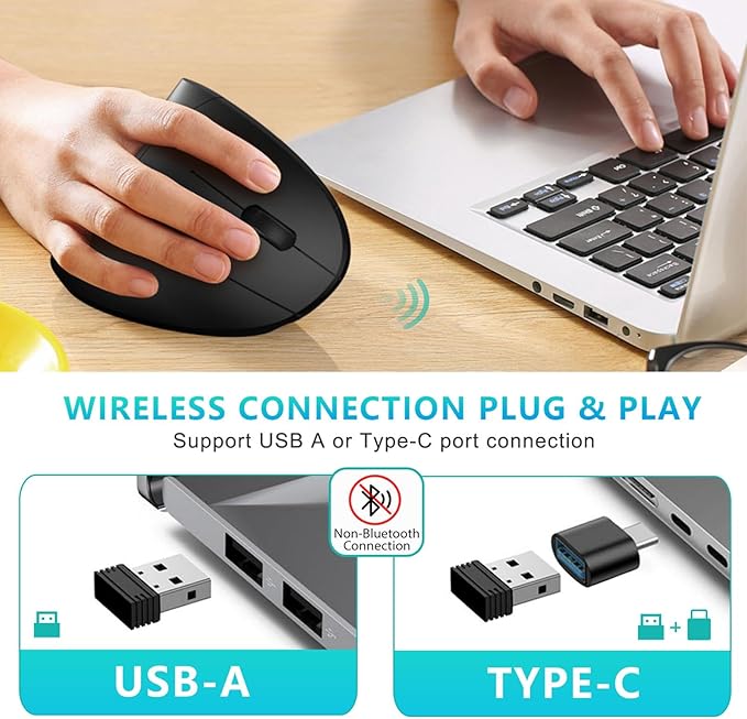 Lekvey Ergonomic Mouse USB C Wireless Vertical Mouse Dual Mode Rechargeable USB-A &amp Type-C Ergo Mouse 1600 DPI Relieves Wrist Pain and Carpal Tunnel for Laptop Computer Mac MacBook PC Black