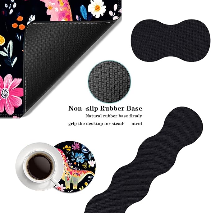Mouse PadLarge Desk Mat Set 4in1 XL Mousepad + Keyboard Wrist Rest+Mouse Wrist Rest+Coaster with Ergonomic Desk Pad for Home Office Table Computer Cover -Colorful Floral Dinosaurs Art