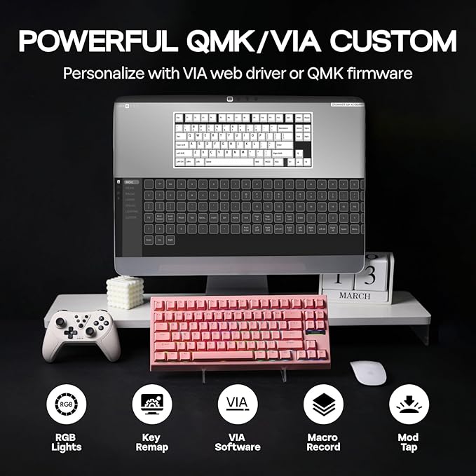 EPOMAKER G84 80% RGB Gaming Mechanical Keyboard 2.4GHz/ Type-C/BT Wireless Keyboard QMK/VIA Programmable Hot-Swappable NKRO with Shine Through PBT Keycaps for Gamers (Pink Creamy Jade Switch)