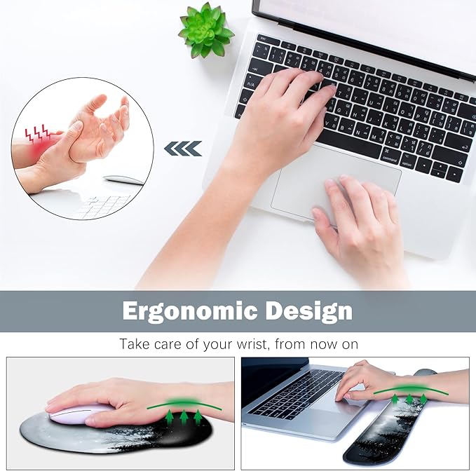 ARTSO Large Mouse Pad Ergonomic Keyboard Wrist Rest Support Memory Foam Extended Desk Mat Protector Non-Slip Desk Blotter for Office Home Night Moon Forest