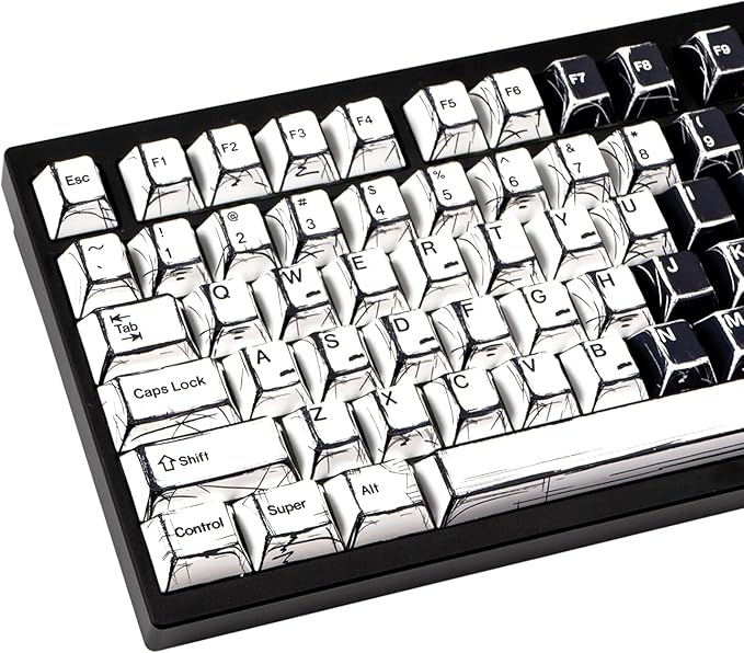 Black and White Manga Theme Keycaps 136 Keys Dye-Sublimation PBT Custom Keycap Set Cherry Profile Keyboard Keycaps for 60% 65% 70% 75% 100% Cherry Gateron MX Switches Mechanical Keyboard