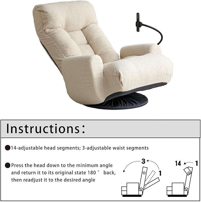 360° Swivel Gaming Floor Chair Adjustable 3-Position Folding Sofa Chair with Armrests &amp Phone Holder Cushioned Indoor Chaise Lounge Rocker for Teens &amp Adults (Beige)