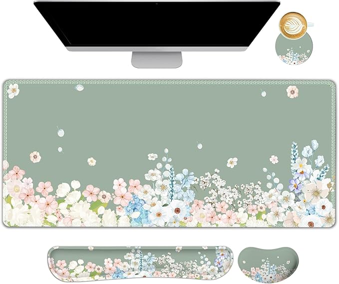 Green Desk Pad Mat Floral Ergonomic Mouse Pad+ Keyboard Wrist Pad+Mouse Wrist Rest Easy Typing Pain Relief 35.4×15.7in Big Keyboard Mat for Home Office