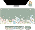 Green Desk Pad Mat Floral Ergonomic Mouse Pad+ Keyboard Wrist Pad+Mouse Wrist Rest Easy Typing Pain Relief 35.4×15.7in Big Keyboard Mat for Home Office